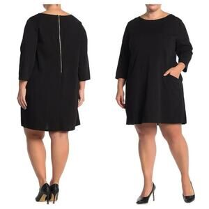 Nina Leonard Black Shift Dress with Three-Quarter Sleeves